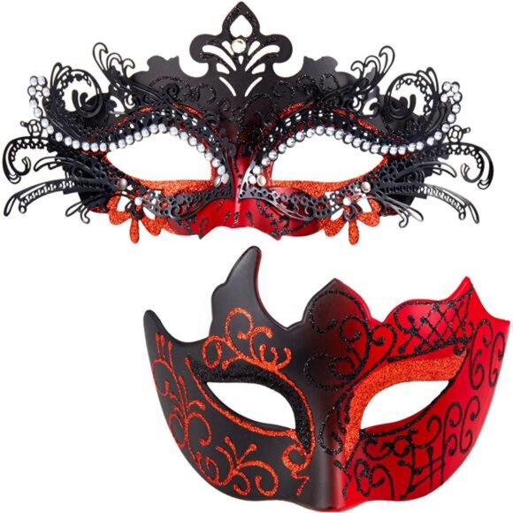 2 Pack Masquerade Masks Shiny Rhinestone Metal Filigree Venetian